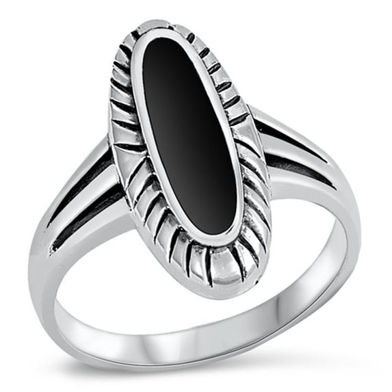CHOOSE YOUR COLOR Simulated Black Onyx Long Oval Ring .925 Sterling Silver Band CZ Female Size 11