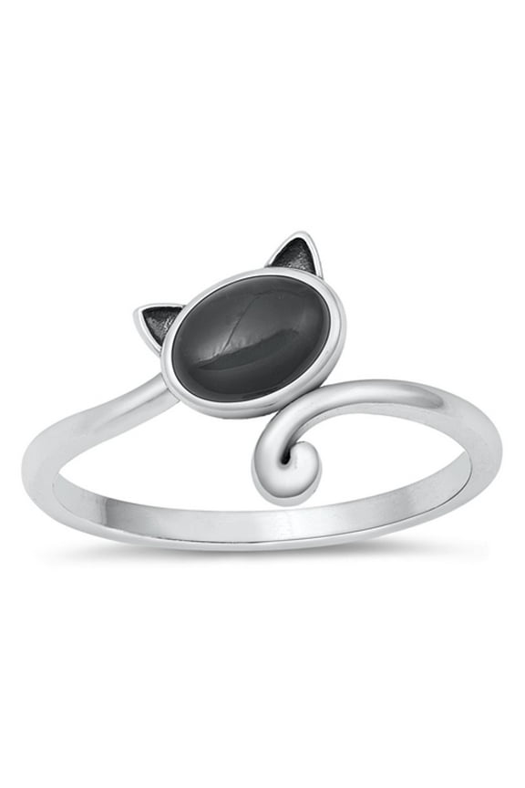 CHOOSE YOUR COLOR Simulated Black Onyx Pussy Cat Ring .925 Sterling Silver Band CZ Female Size 8