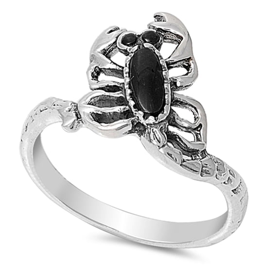CHOOSE YOUR COLOR Simulated Black Onyx Scorpion Animal Ring 925 Sterling Silver Band CZ Female Size 7