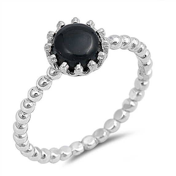 CHOOSE YOUR COLOR Simulated Black Onyx Solitaire Ring .925 Sterling Silver Ball Bead Band CZ Female Size 7