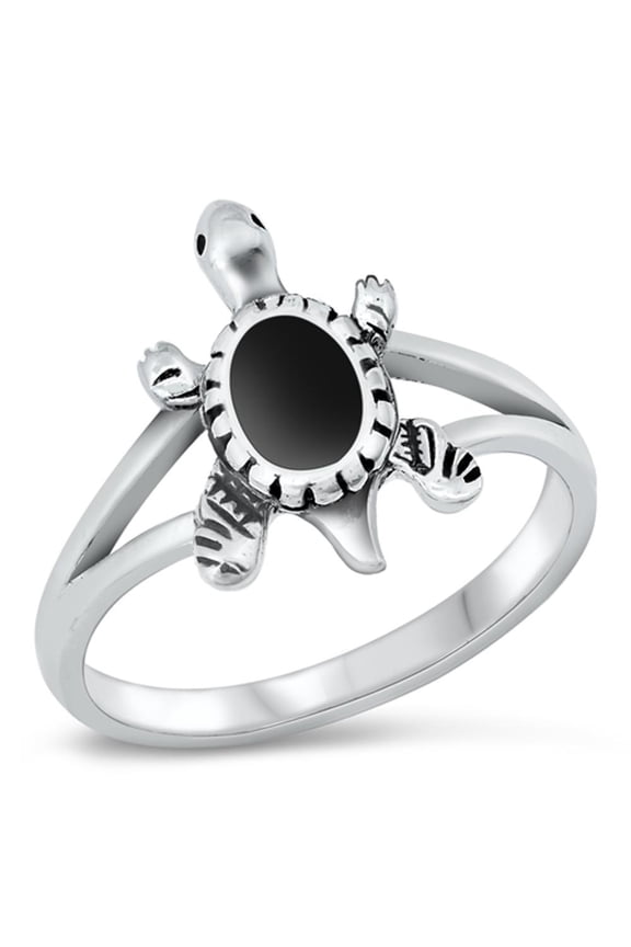 CHOOSE YOUR COLOR Simulated Black Onyx Solitaire Turtle Animal Ring .925 Sterling Silver Band CZ Female Size 6