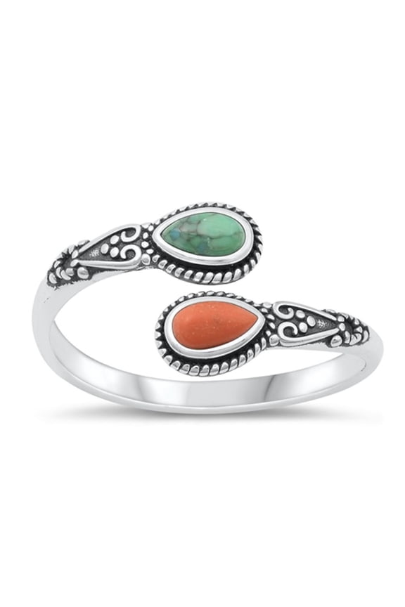 CHOOSE YOUR COLOR Simulated Coral Adjustable Spoon Ring .925 Sterling Silver Band Red CZ Female Size 5