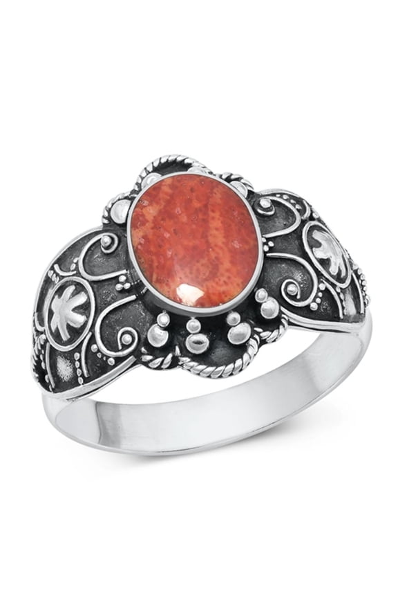 CHOOSE YOUR COLOR Simulated Coral Bali Wholesale Cocktail Ring .925 Sterling Silver Band Red CZ Female Size 6