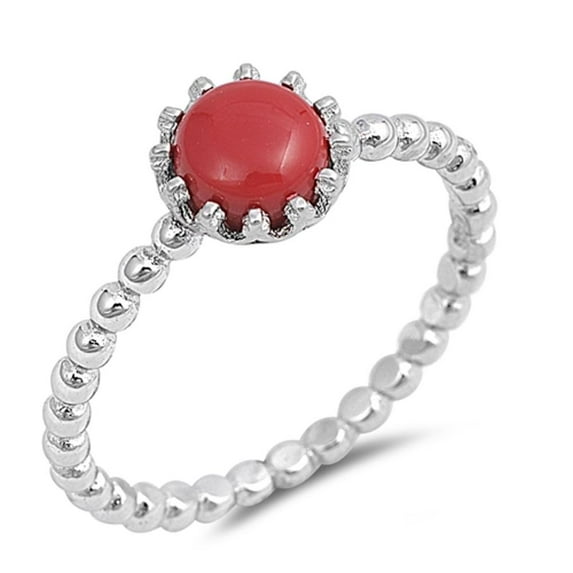 CHOOSE YOUR COLOR Simulated Coral Beaded Ring .925 Sterling Silver Band Red CZ Female Size 7