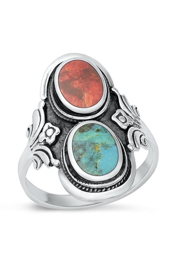 CHOOSE YOUR COLOR Simulated Coral Cocktail Ring .925 Sterling Silver Chunk Band Red CZ Female Size 6