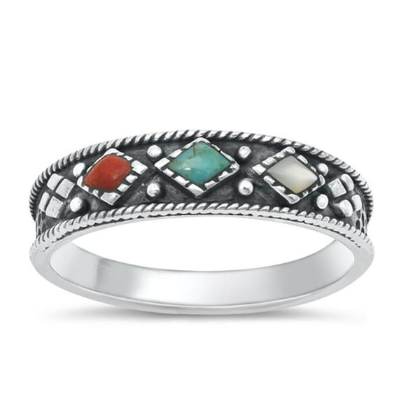 CHOOSE YOUR COLOR Simulated Coral Wholesale Mid Modern Oxidized Ring 925 Sterling Silver Band Red CZ Female Size 7