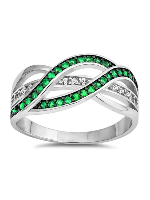 CHOOSE YOUR COLOR Simulated Emerald Criss Cross Friendship Ring .925 Sterling Silver Band Green CZ Female Size 7