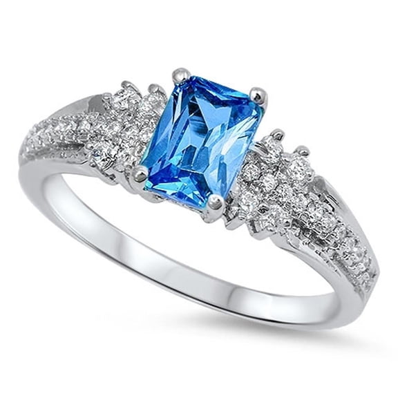 CHOOSE YOUR COLOR Simulated Emerald Cut Blue Simulated Sapphire Wedding Ring .925 Sterling Silver Band CZ Female Size 9