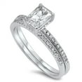 thumbnail image 1 of CHOOSE YOUR COLOR Simulated Emerald Cut Wedding Set Clear CZ Ring .925 Sterling Silver Band White Female Size 5, 1 of 4
