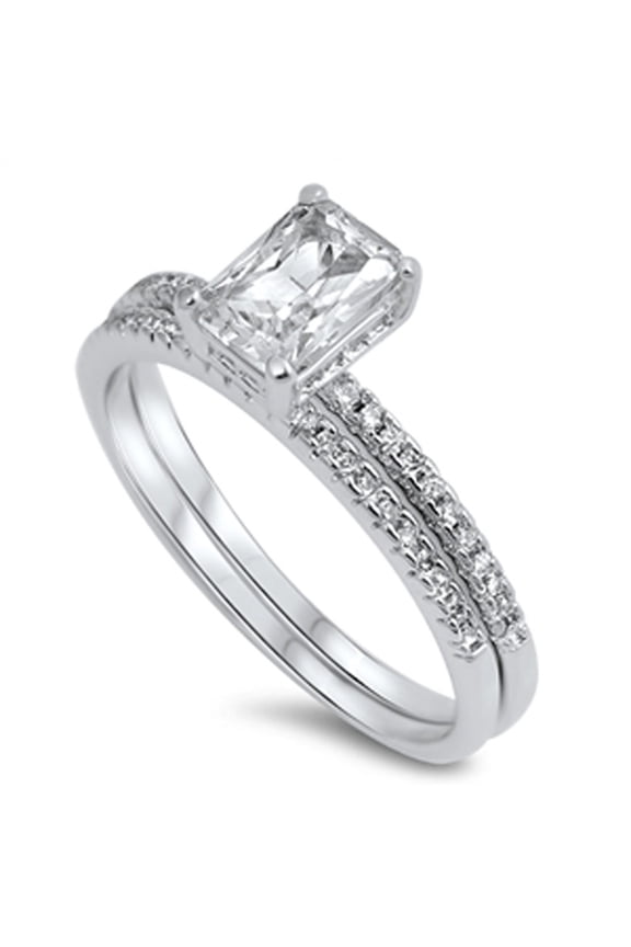 CHOOSE YOUR COLOR Simulated Emerald Cut Wedding Set Clear CZ Ring .925 Sterling Silver Band White Female Size 8