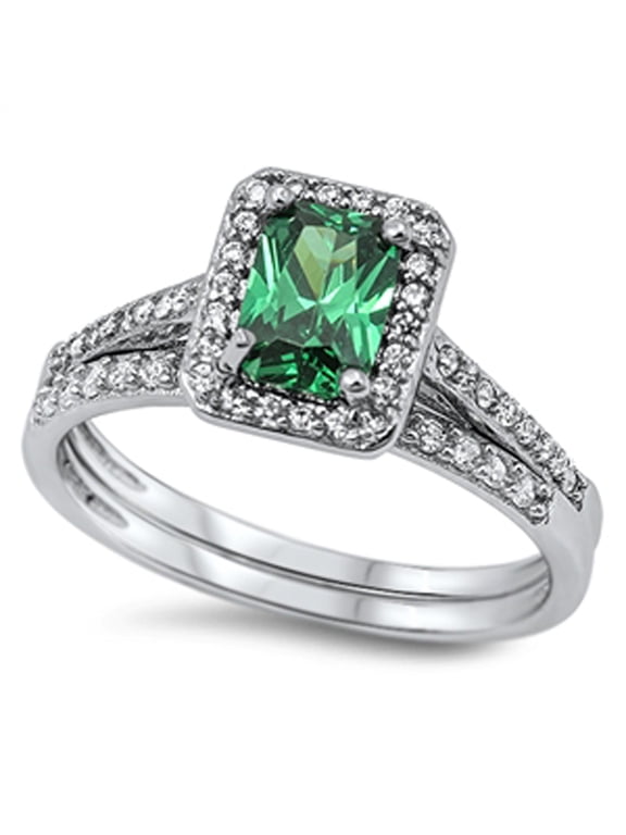 CHOOSE YOUR COLOR Simulated Emerald Elegant Ring Set .925 Sterling Silver Band Green CZ Female Size 7