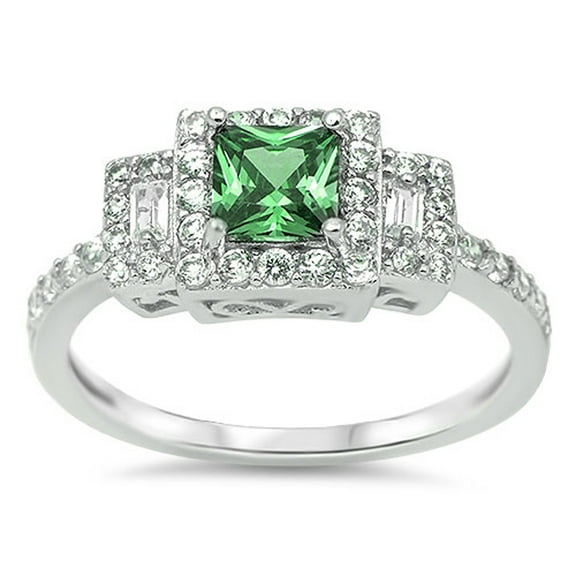 CHOOSE YOUR COLOR Simulated Emerald Square Halo Cutout Ring .925 Sterling Silver Band Green CZ Female Size 12