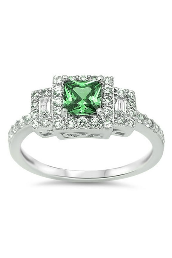 CHOOSE YOUR COLOR Simulated Emerald Square Halo Cutout Ring .925 Sterling Silver Band Green CZ Female Size 7