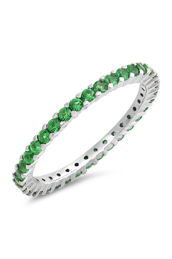 CHOOSE YOUR COLOR Simulated Emerald Stackable Thin Eternity Ring .925 Sterling Silver Band Green CZ Female Size 8