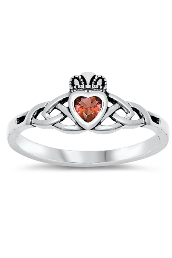 CHOOSE YOUR COLOR Simulated Garnet Celtic Knot Antiqued Claddagh Ring 925 Sterling Silver Band Red CZ Female Size 3