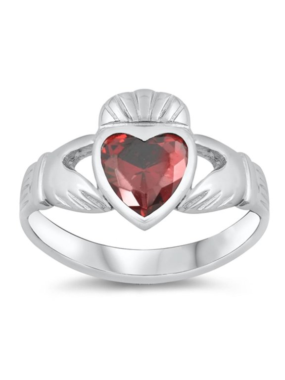 CHOOSE YOUR COLOR Simulated Garnet Claddagh Heart Promise Ring .925 Sterling Silver Band Red CZ Female Size 7