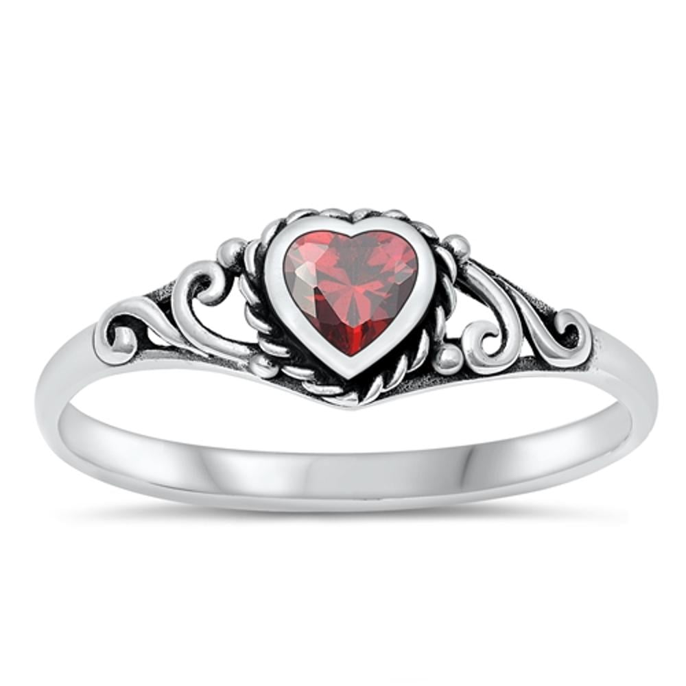 Sterling Silver Simulated Garnet Heart Ring - Solid 925 Silver Love Band, Size 7 - View #4