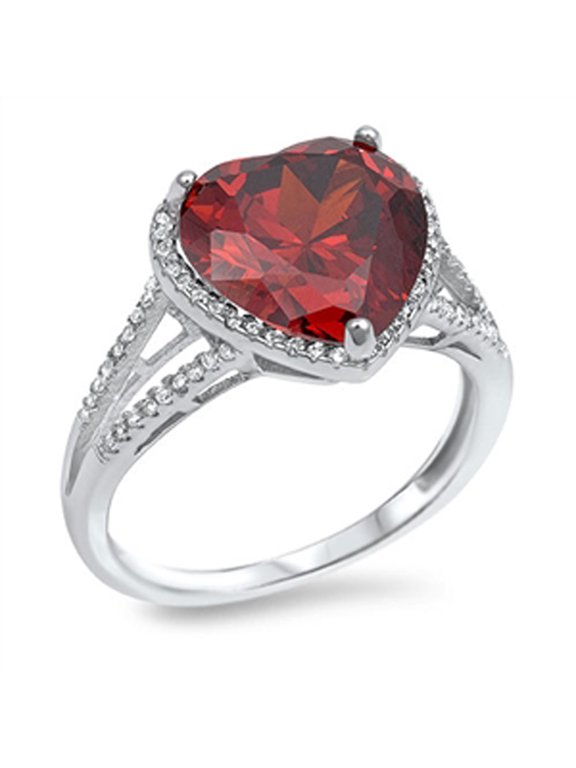 CHOOSE YOUR COLOR Simulated Garnet Love Heart Promise Ring .925 Sterling Silver Band White CZ Female Size 7