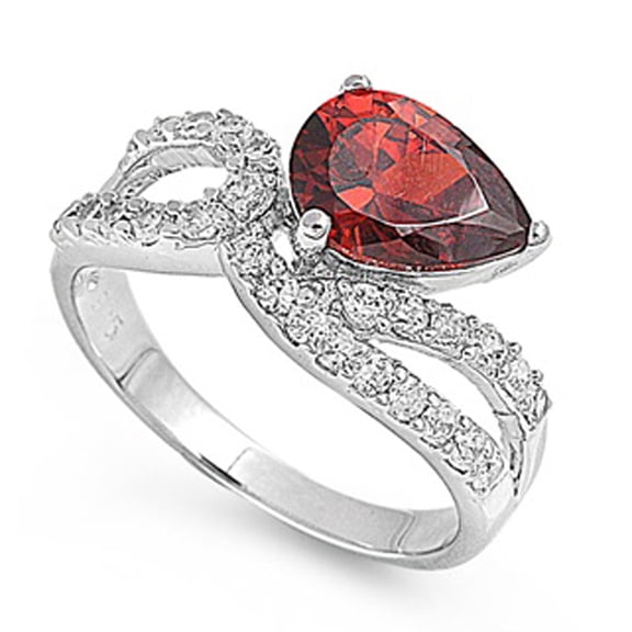 CHOOSE YOUR COLOR Simulated Garnet Pear Teardrop Swirl Loop Ring .925 Sterling Silver Band Red CZ Female Size 5