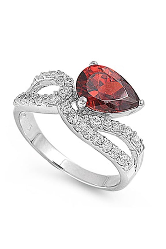 CHOOSE YOUR COLOR Simulated Garnet Pear Teardrop Swirl Loop Ring .925 Sterling Silver Band Red CZ Female Size 5