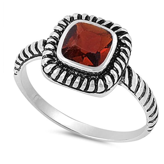 CHOOSE YOUR COLOR Simulated Garnet Square Twisted Rope Oxidized Ring .925 Sterling Silver Band Red CZ Female Size 9