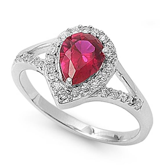 CHOOSE YOUR COLOR Simulated Garnet Teardrop Halo Pear Elegant Ring .925 Sterling Silver Band Red CZ Female Size 8