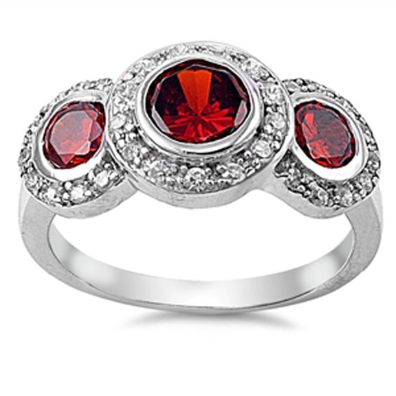 CHOOSE YOUR COLOR Simulated Garnet Three Halo Round Vintage Ring .925 Sterling Silver Band Red CZ Female Size 9