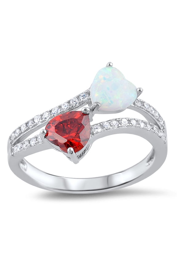 CHOOSE YOUR COLOR Simulated Garnet White Simulated Opal Double Heart Ring .925 Sterling Silver Band Red CZ Female Size 6