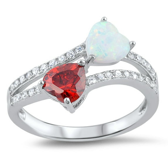 CHOOSE YOUR COLOR Simulated Garnet White Simulated Opal Double Heart Ring .925 Sterling Silver Band Red CZ Female Size 8