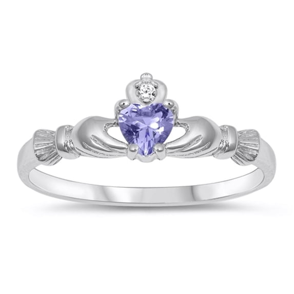 CHOOSE YOUR COLOR Simulated Lavender Irish Claddagh Love Heart Promise Sterling Silver Ring Purple CZ Female Size 2