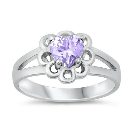 CHOOSE YOUR COLOR Simulated Lavender Promise Heart Flower Ring .925 Sterling Silver Band Purple CZ Female Size 1