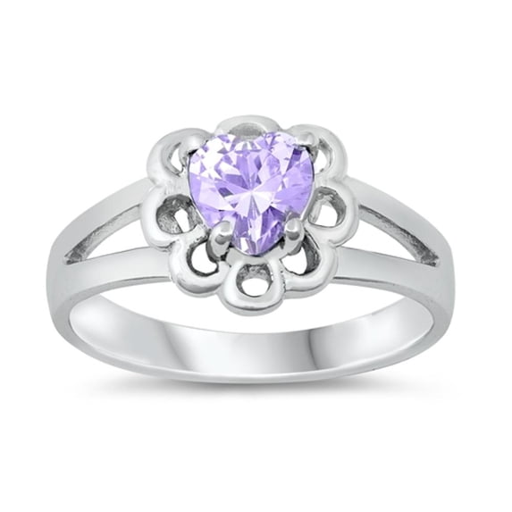 CHOOSE YOUR COLOR Simulated Lavender Promise Heart Flower Ring .925 Sterling Silver Band Purple CZ Female Size 3