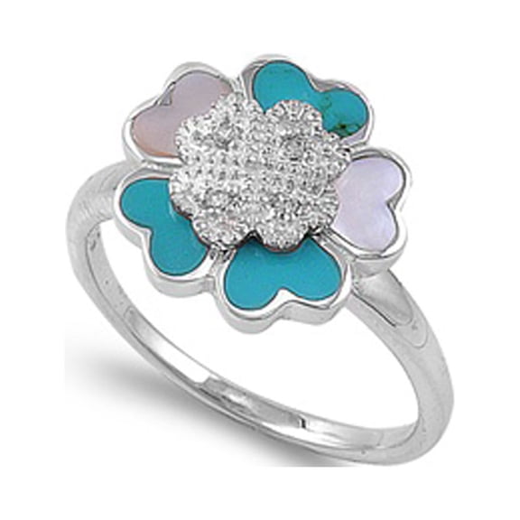 CHOOSE YOUR COLOR Simulated Mother of Pearl Flower Heart Love Ring .925 Sterling Silver Band Blue CZ Female Size 6