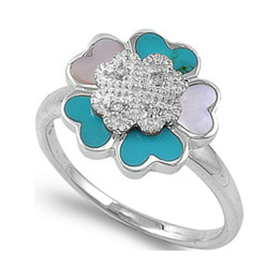 CHOOSE YOUR COLOR Simulated Mother of Pearl Flower Heart Love Ring .925 Sterling Silver Band Blue CZ Female Size 8