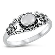 CHOOSE YOUR COLOR Simulated Mother of Pearl Plumeria Oval Ring .925 Sterling Silver Band Female Size 10