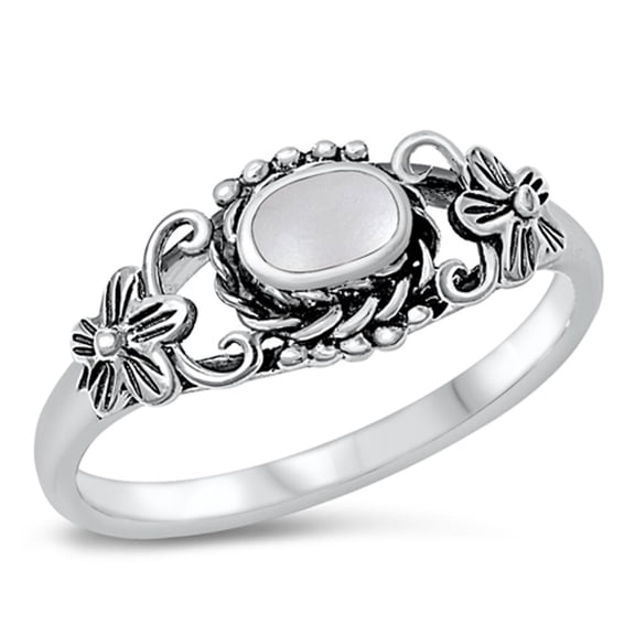 CHOOSE YOUR COLOR Simulated Mother of Pearl Plumeria Oval Ring .925 Sterling Silver Band Female Size 4