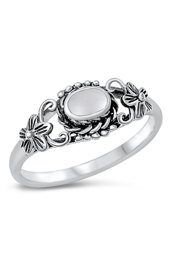 CHOOSE YOUR COLOR Simulated Mother of Pearl Plumeria Oval Ring .925 Sterling Silver Band Female Size 6