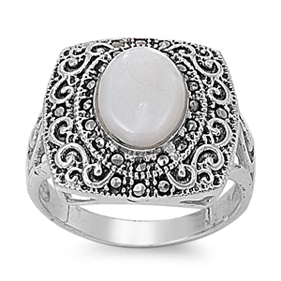 CHOOSE YOUR COLOR Simulated Mother of Pearl Solitaire Filigree Ring .925 Sterling Silver Band Female Size 7