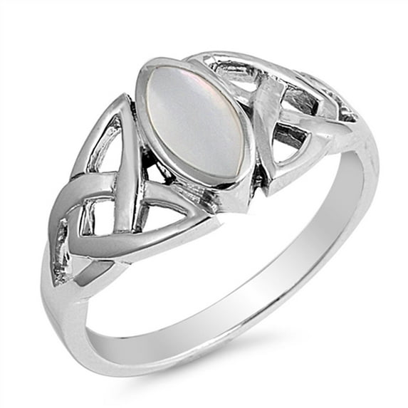 CHOOSE YOUR COLOR Simulated Mother of Pearl Triquetra Celtic Marquise Ring Sterling Silver Band Female Size 9