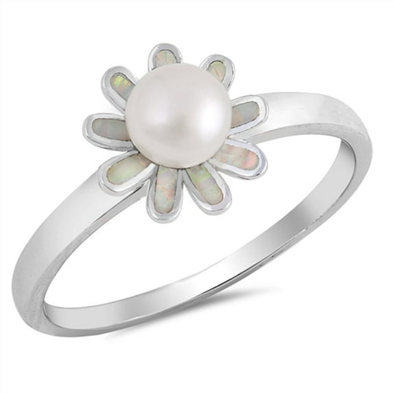 CHOOSE YOUR COLOR Simulated Pearl Flower Ring .925 Sterling Silver Band White CZ Female Size 5