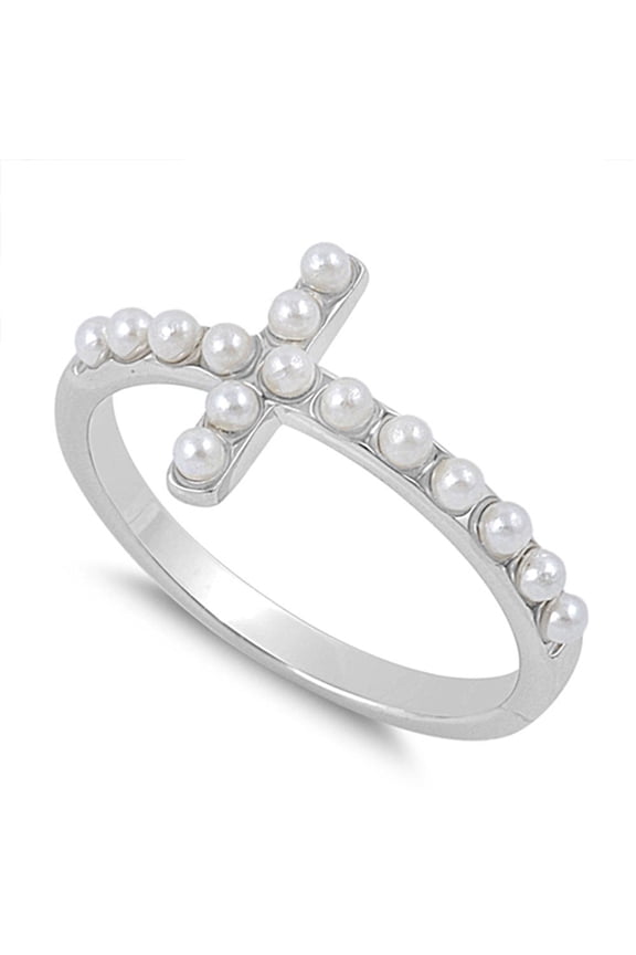 CHOOSE YOUR COLOR Simulated Pearl Sideways Cross Ring Sterling Silver Band 925 Jewelry Female Size 10
