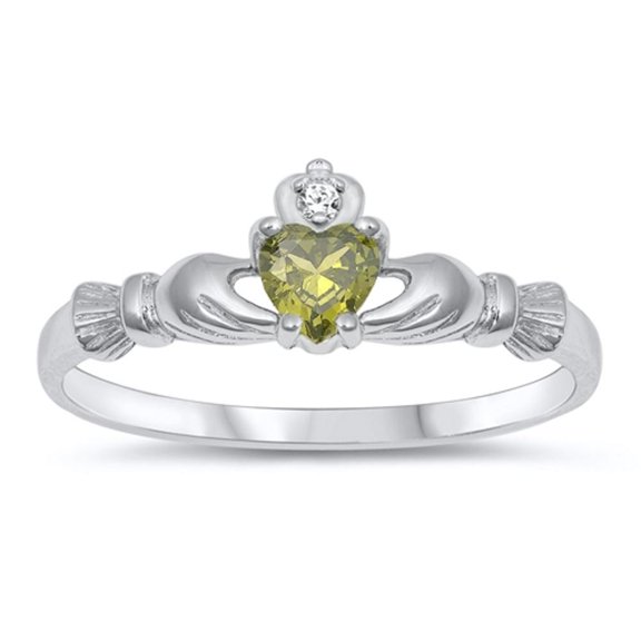 CHOOSE YOUR COLOR Simulated Peridot High Polished Claddagh Ring .925 Sterling Silver Band Green CZ Female Size 7