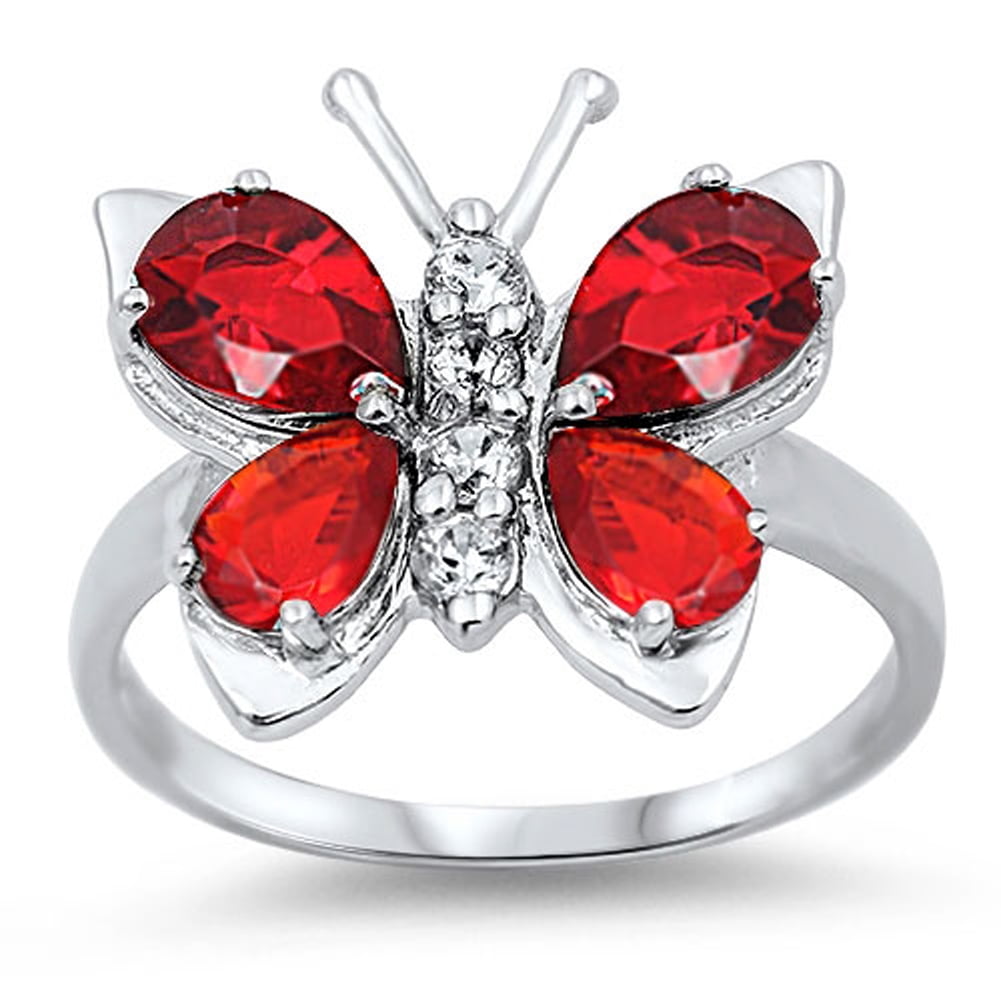 CHOOSE YOUR COLOR Simulated Ruby Butterfly Women's Ring .925