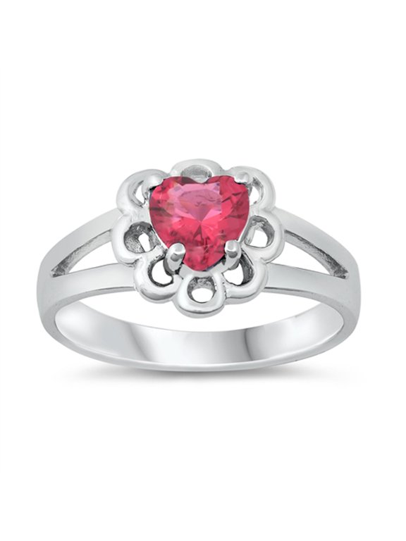 CHOOSE YOUR COLOR Simulated Ruby Cutout Scalloped Flower Ring 925 Sterling Silver Band Red CZ Female Size 2
