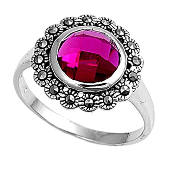 CHOOSE YOUR COLOR Simulated Ruby Floral Solitaire Circle Ring Sterling Silver Band Red CZ Female Size 6