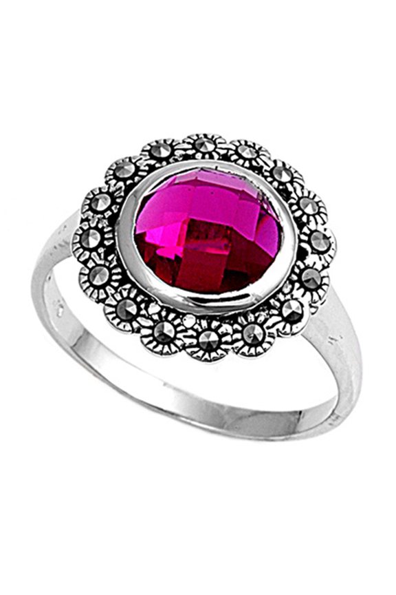 CHOOSE YOUR COLOR Simulated Ruby Floral Solitaire Circle Ring Sterling Silver Band Red CZ Female Size 6