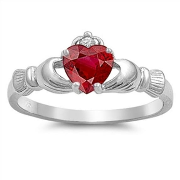CHOOSE YOUR COLOR Simulated Ruby Irish Celtic Claddagh Heart Sterling Silver Ring Red CZ Female Size 11