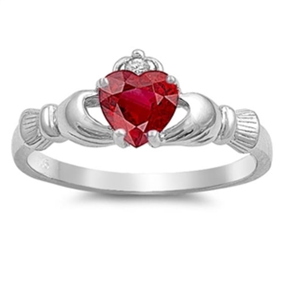 CHOOSE YOUR COLOR Simulated Ruby Irish Celtic Claddagh Heart Sterling Silver Ring Red CZ Female Size 5
