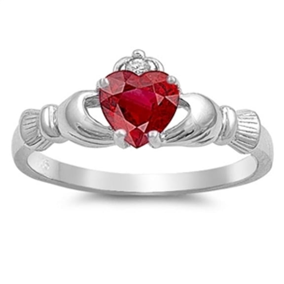 CHOOSE YOUR COLOR Simulated Ruby Irish Celtic Claddagh Heart Sterling Silver Ring Red CZ Female Size 9