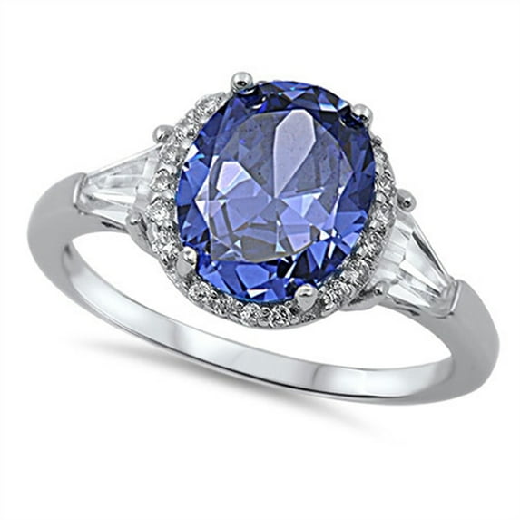 CHOOSE YOUR COLOR Simulated Tanzanite Oval Solitaire Halo Elegant Ring Sterling Silver Band White CZ Female Size 10